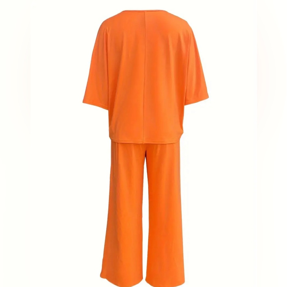 Casual Solid Color Pants Set, Half Sleeve V Neck Top & Wide Leg Pants Outfit - Picture 3 of 3